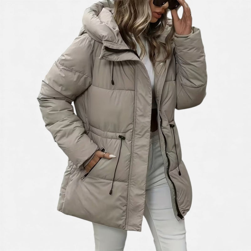 Piumino lungo da donna con cappuccio e coulisse beige