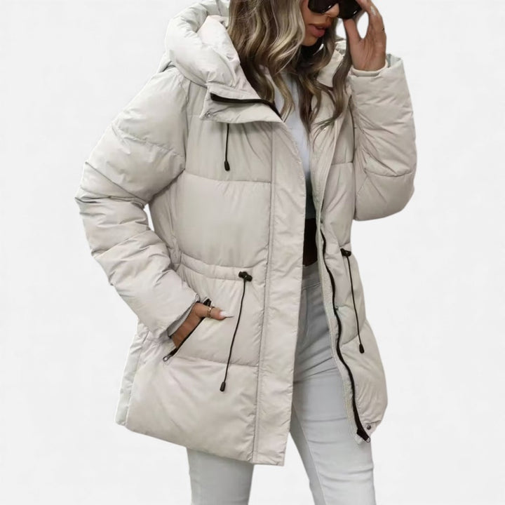 Piumino lungo da donna con cappuccio e coulisse cachi