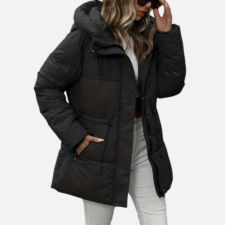 Piumino lungo da donna con cappuccio e coulisse nero