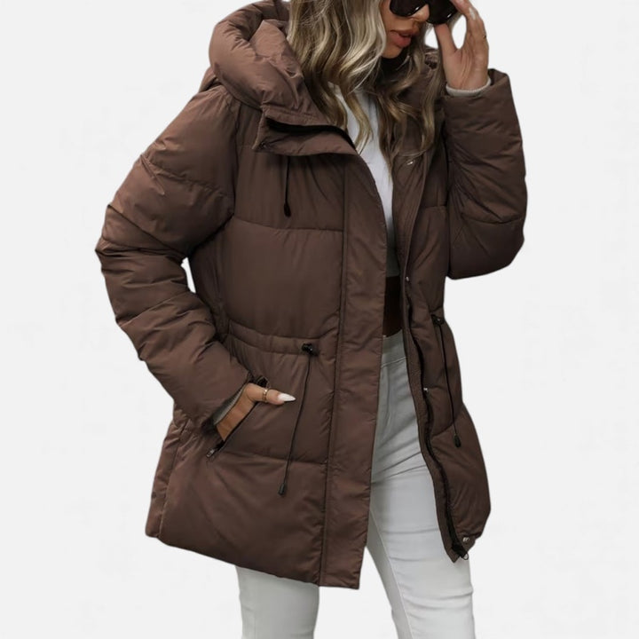 Piumino lungo da donna con cappuccio e coulisse marrone
