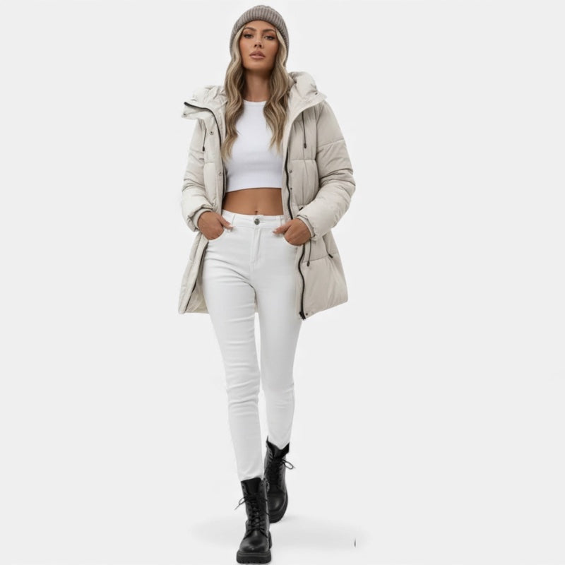 Piumino lungo da donna con cappuccio e coulisse – dettaglio 2