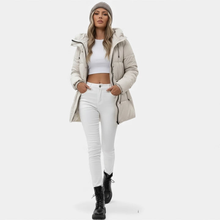 Piumino lungo da donna con cappuccio e coulisse – dettaglio 2
