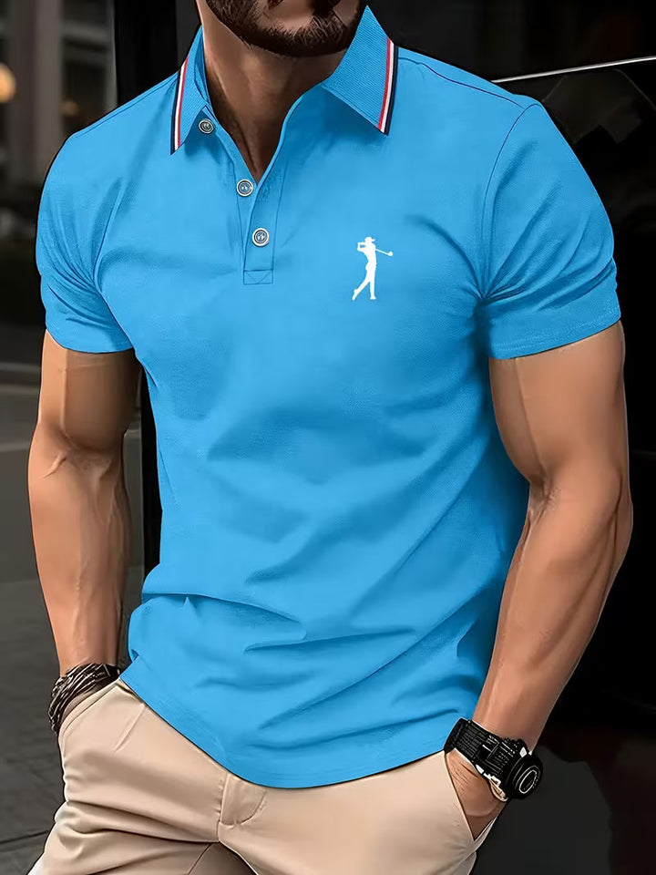 Polo uomo a maniche corte con ricamo da golf azzurro