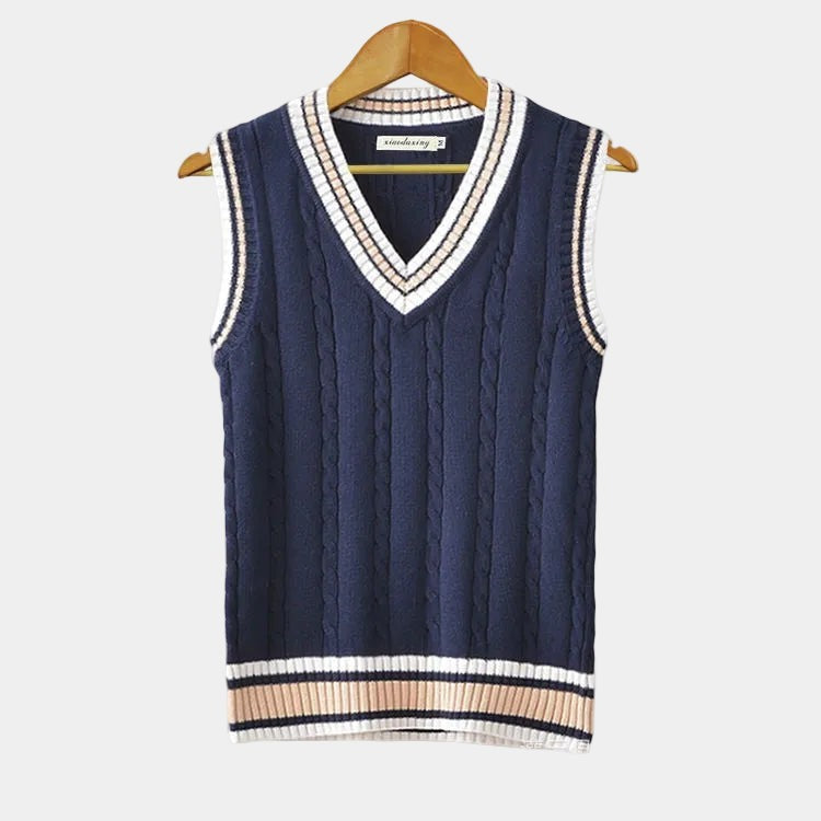 Pullover Uomo Senza Maniche con Scollo a V e Bordi a Contrasto in blu