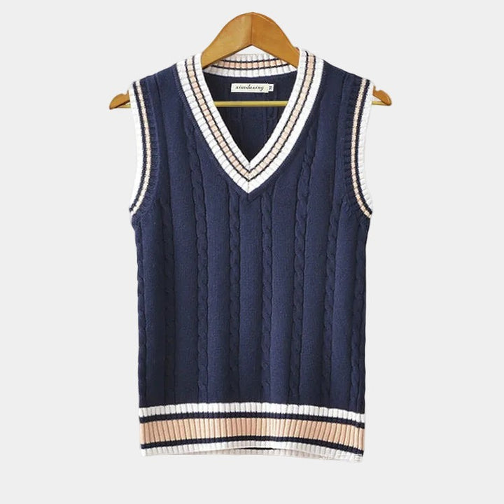Pullover Uomo Senza Maniche con Scollo a V e Bordi a Contrasto in blu