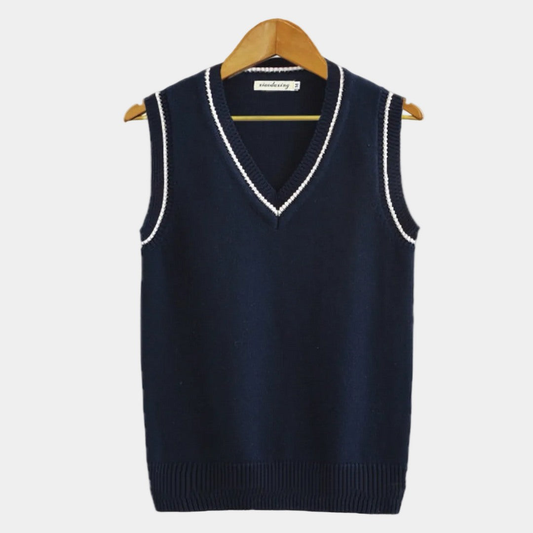 Pullover Uomo Senza Maniche con Scollo a V e Bordi a Contrasto in blu scuro