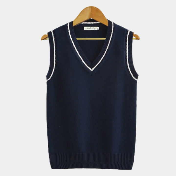 Pullover Uomo Senza Maniche con Scollo a V e Bordi a Contrasto in blu scuro