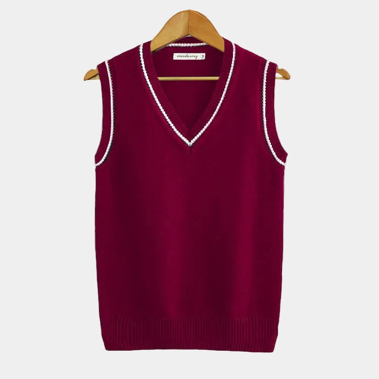 Pullover Uomo Senza Maniche con Scollo a V e Bordi a Contrasto in bordeaux