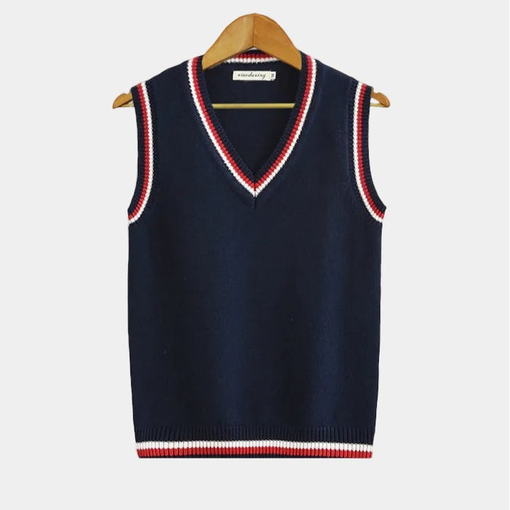 Pullover Uomo Senza Maniche con Scollo a V e Bordi a Contrasto in blu navy