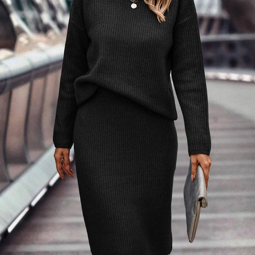 Set Donna in Maglia con Maglione a Collo Alto e Gonna Midi in nero