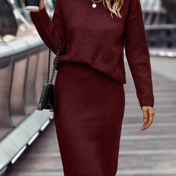 Set Donna in Maglia con Maglione a Collo Alto e Gonna Midi in bordeaux