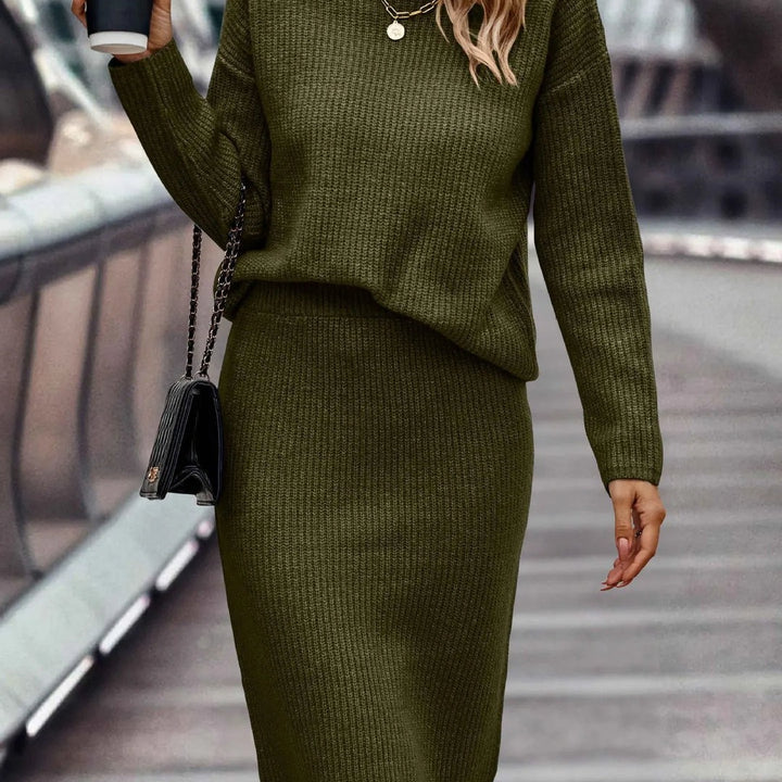 Set Donna in Maglia con Maglione a Collo Alto e Gonna Midi in verde oliva