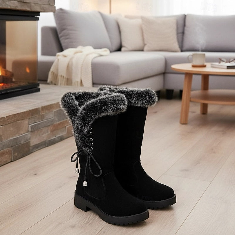 Stivali donna invernali con bordo effetto pelliccia nero