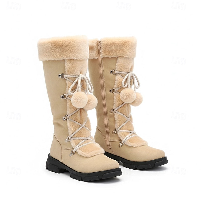 Stivali donna invernali con lacci e bordo effetto pelliccia beige