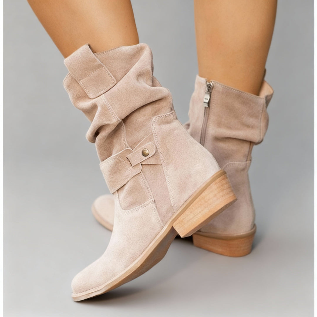 Stivali donna a metà polpaccio arricciati beige