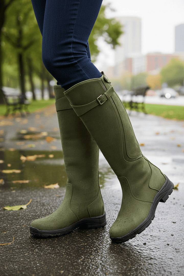 Stivali di gomma donna alti con fibbia verde