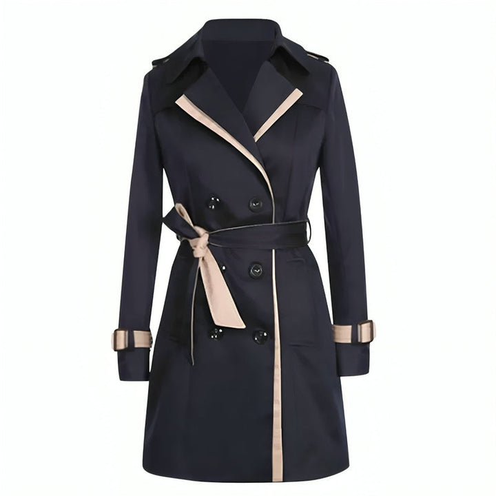 Trench da donna doppiopetto scuro con cintura e profili beige