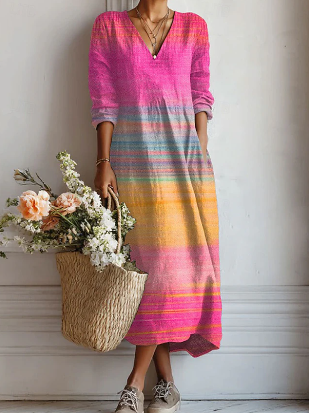 Vestito lungo da donna a righe sfumate per tempo libero e primavera