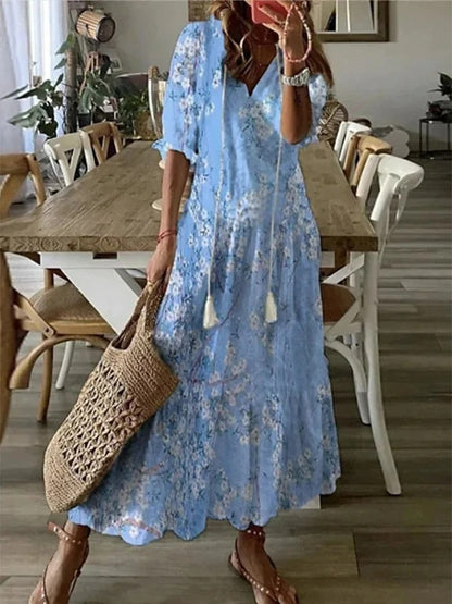 Vestito lungo da donna con stampa floreale per tempo libero e estate